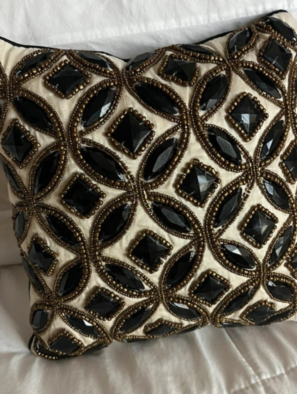 Beaded Black and Cream Decorative Accent Pillow